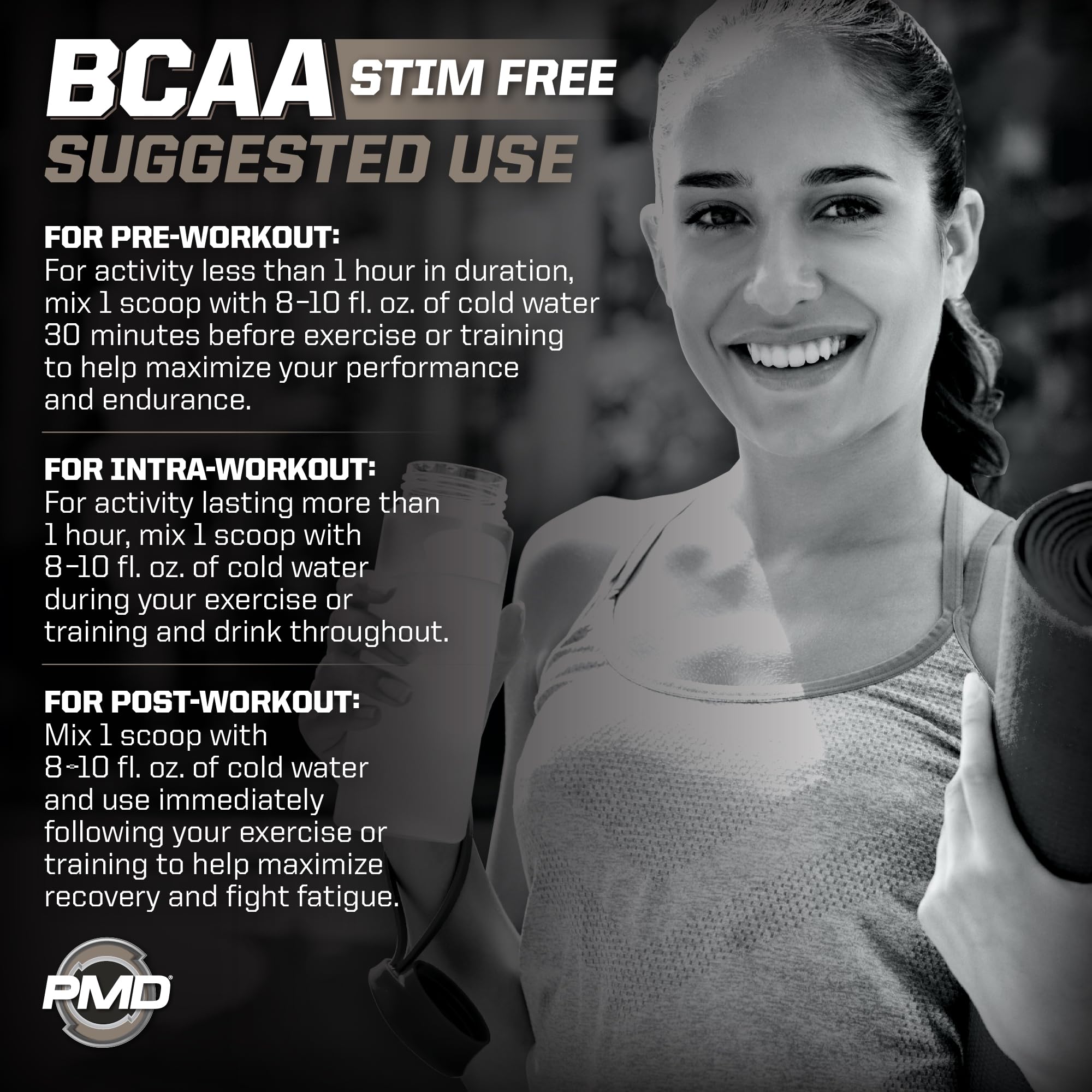 PMD BCAA Stim-Free grape label close-up highlights 2:1:1 BCAA ratio.
