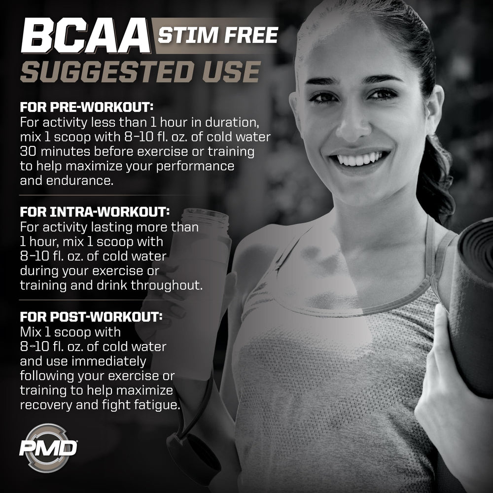 PMD BCAA Stim-Free grape label close-up highlights 2:1:1 BCAA ratio.