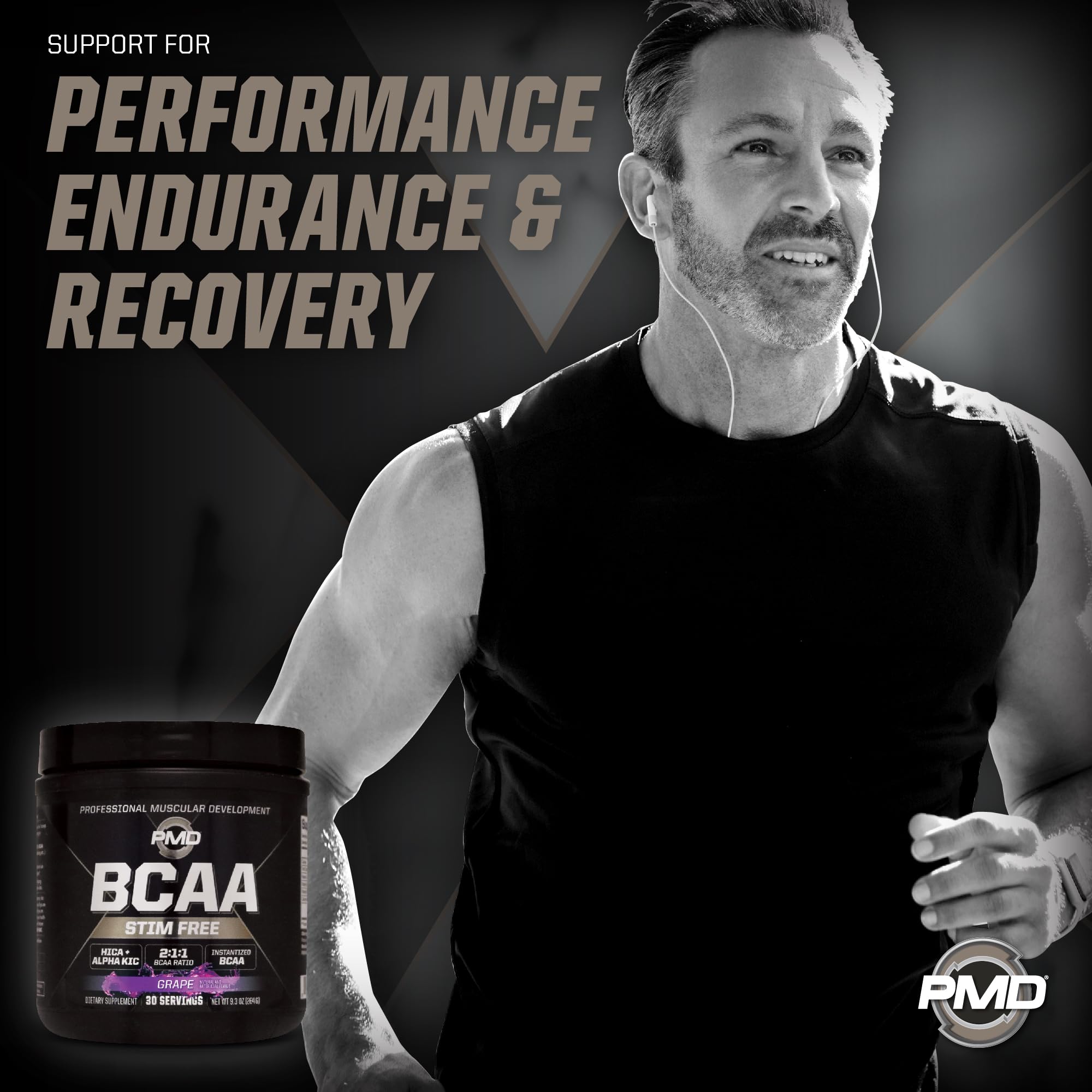 PMD BCAA Stim-Free grape being stirred in water for quick hydration.