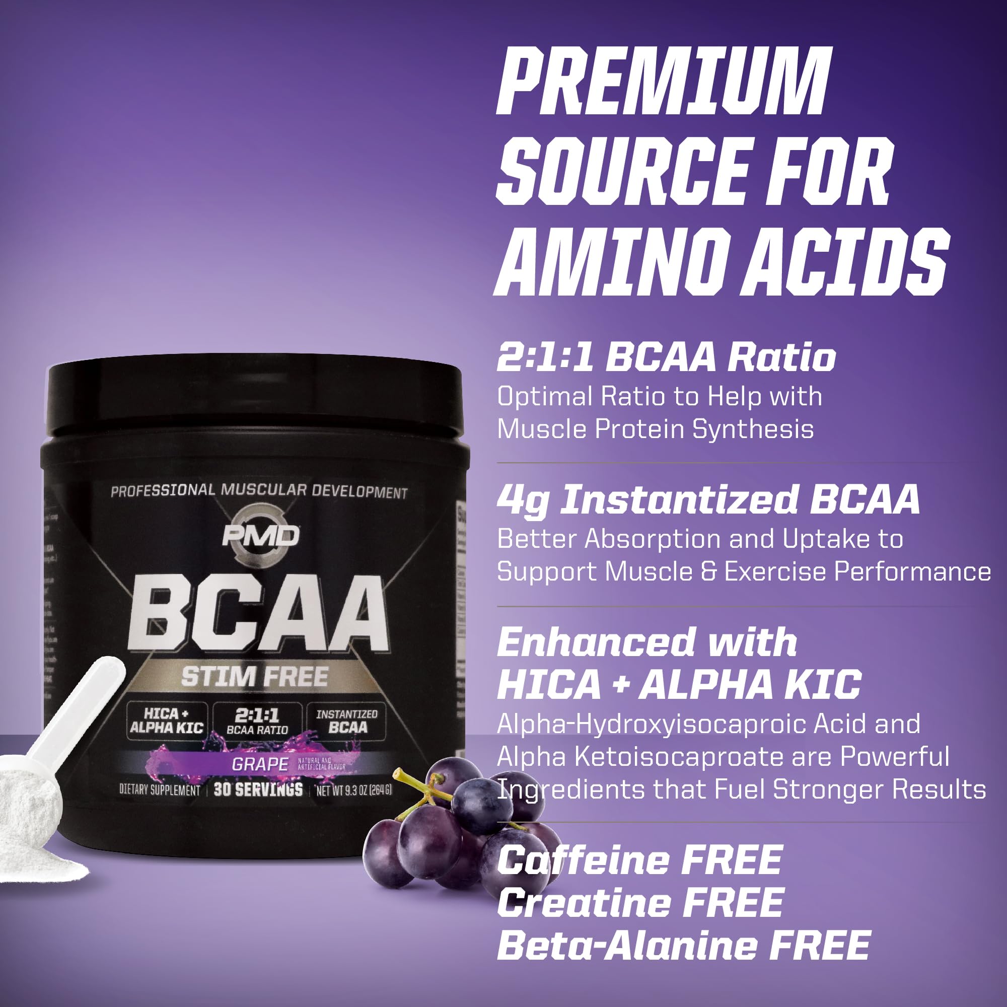 PMD BCAA Stim-Free grape stack with pre-workout for enhanced muscular performance.