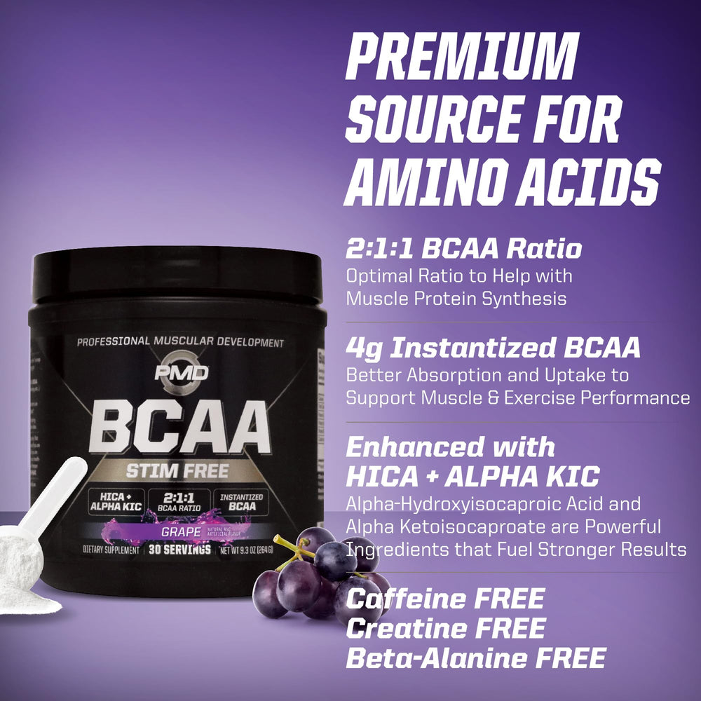 PMD BCAA Stim-Free grape stack with pre-workout for enhanced muscular performance.