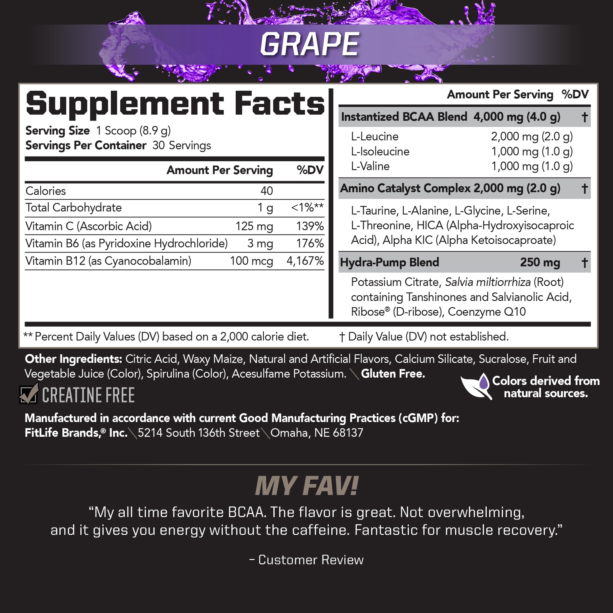 PMD BCAA Stim-Free grape scoop highlights fast solubility for intra-workout mixing.