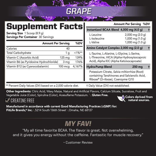 PMD BCAA Stim-Free grape scoop highlights fast solubility for intra-workout mixing.