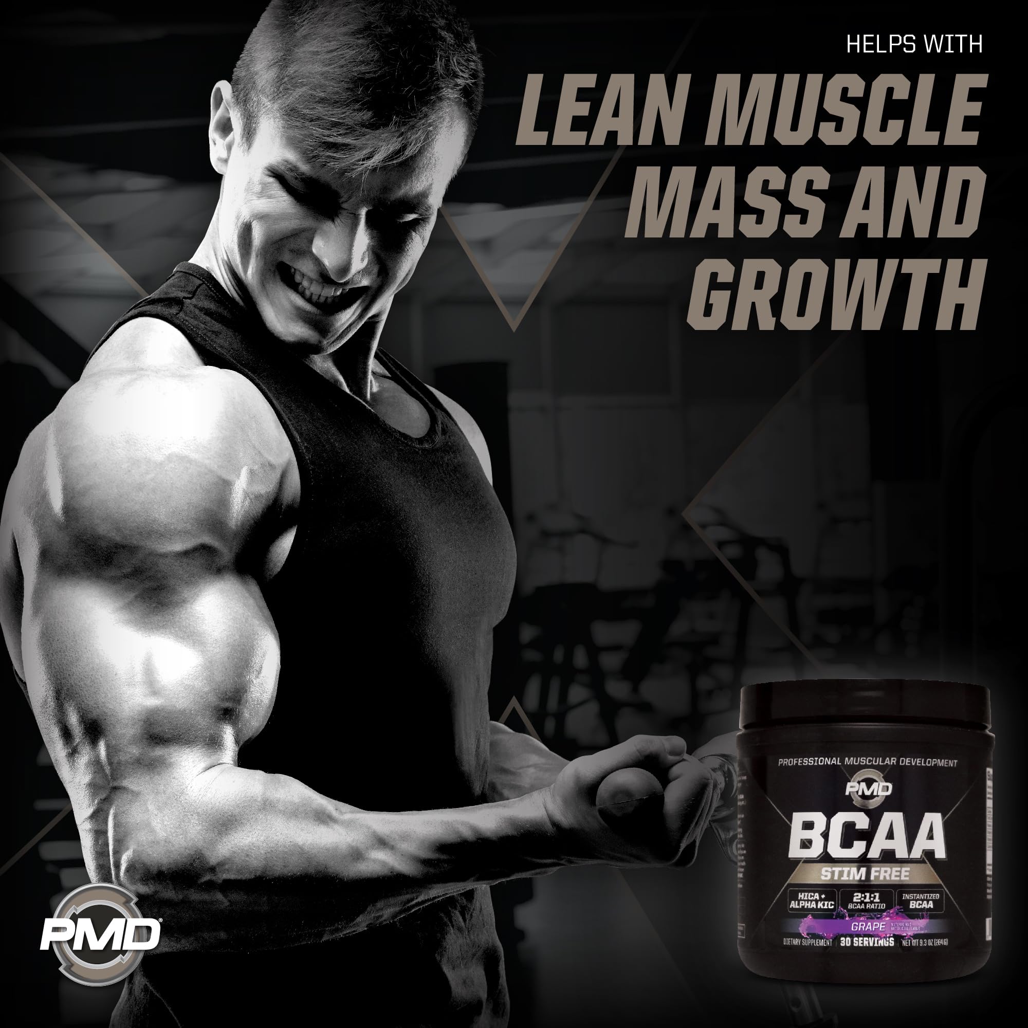 PMD BCAA Stim-Free grape mixer beside a protein shake for post-workout recovery.