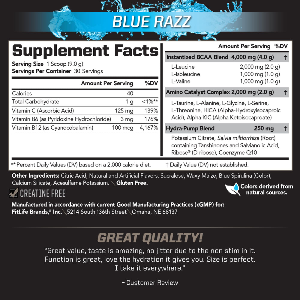 PMD BCAA Blue Raz mixed in water ready to drink during training.