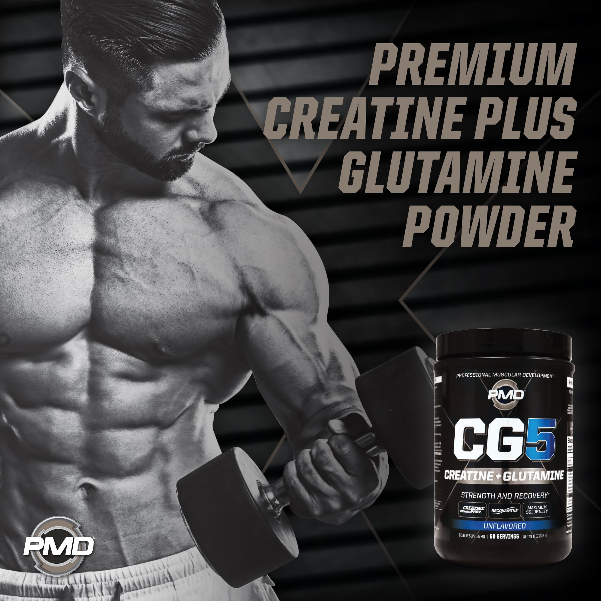 PMD CG5 five-form glutamine blend highlights recovery potential.