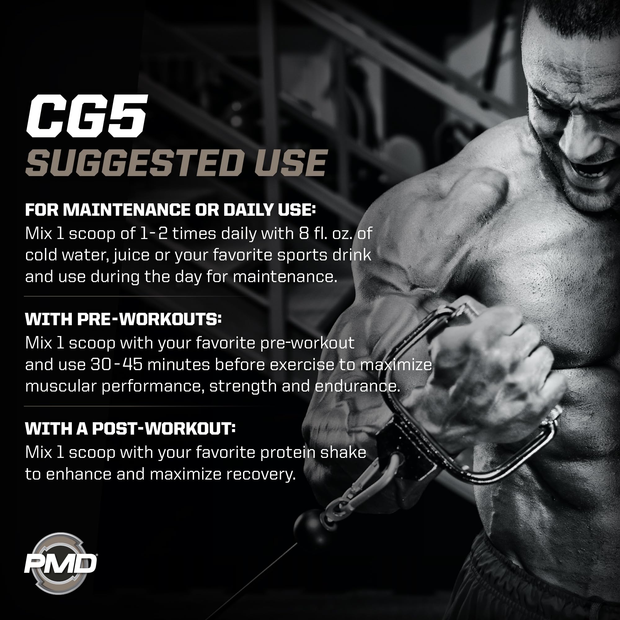 Scoop over PMD CG5 bottle showing convenient pre-workout serving
