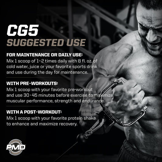 Scoop over PMD CG5 bottle showing convenient pre-workout serving
