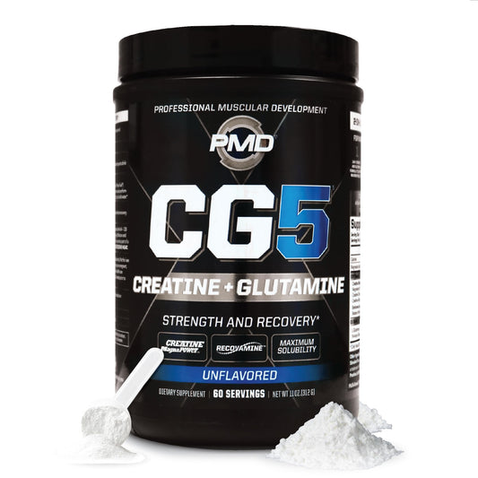 PMD CG5 premium creatine and glutamine powder bottle, supporting lean muscle.