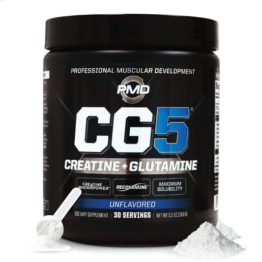PMD CG5 premium creatine L-glutamine powder bottle ready for workouts