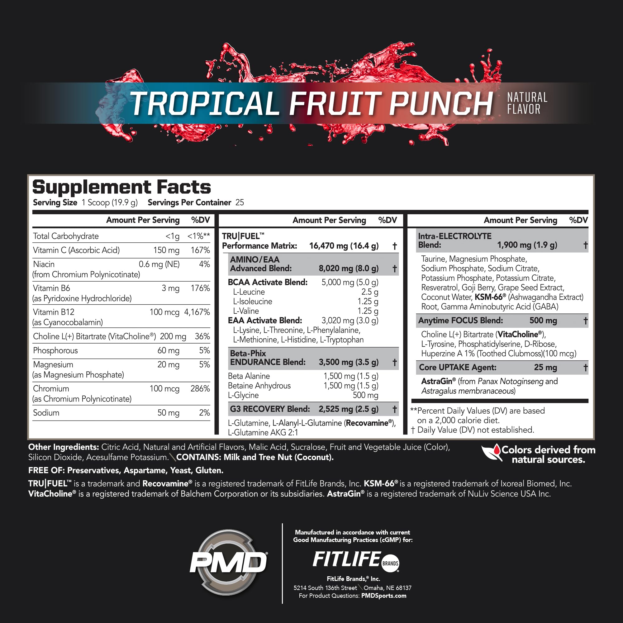 PMD Core Fuel Endurance canister label highlighting complete ingredient amounts for transparency.