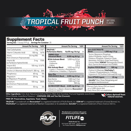 PMD Core Fuel Endurance canister label highlighting complete ingredient amounts for transparency.