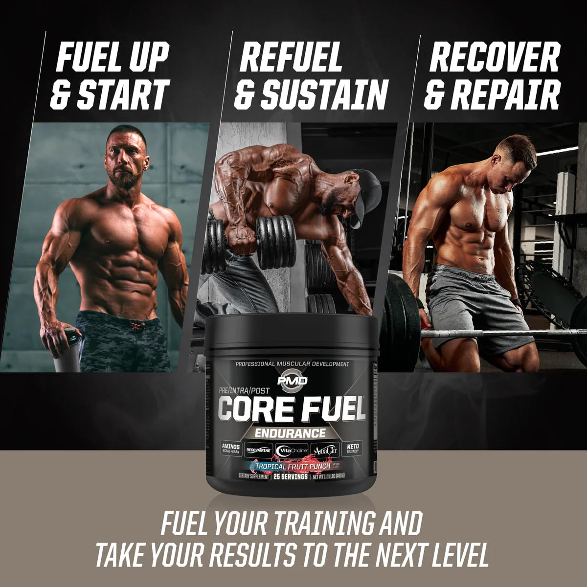 PMD Core Fuel Endurance being mixed into water demonstrates hydration support.
