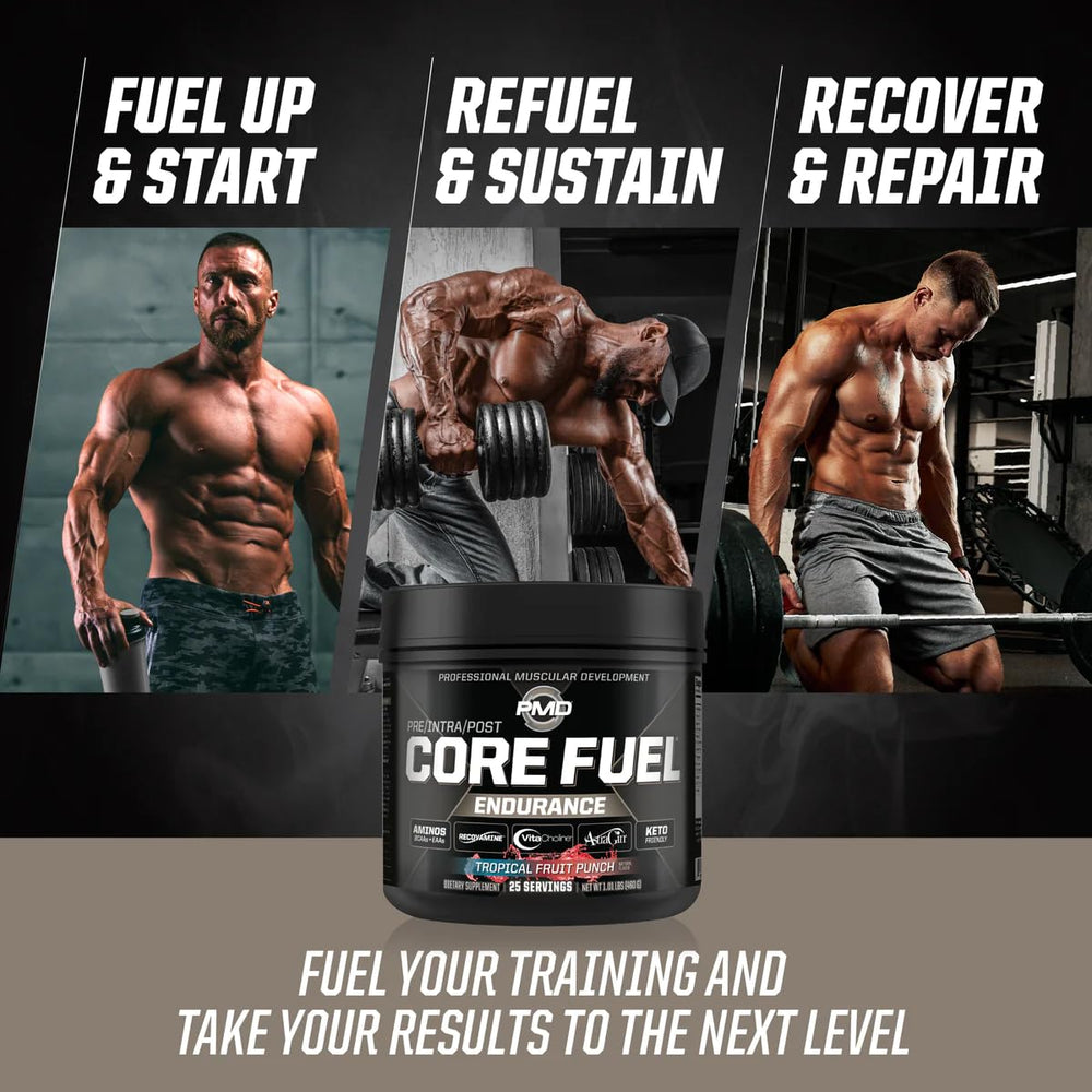 PMD Core Fuel Endurance being mixed into water demonstrates hydration support.