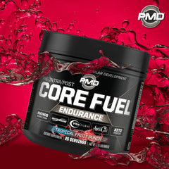 PMD Core Fuel Endurance scoops arranged on a gym bench for supplementation.