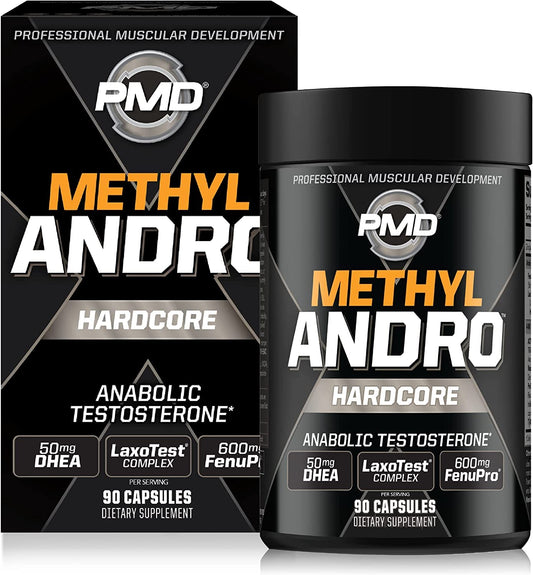 PMD Methyl Andro Hardcore bottle pour highlights energy-supporting formula for workouts