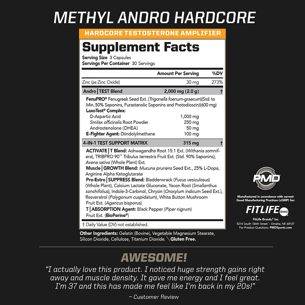 PMD Methyl Andro Hardcore capsules closeup shows compact dose for lean muscle goals