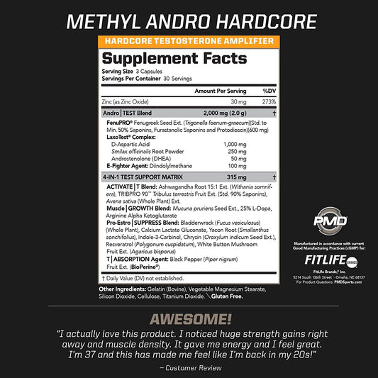 PMD Methyl Andro Hardcore capsules closeup shows compact dose for lean muscle goals