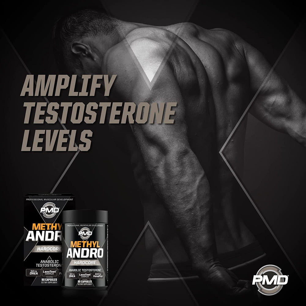 PMD Methyl Andro Hardcore packaging box highlights ingredients and suggested daily regimen