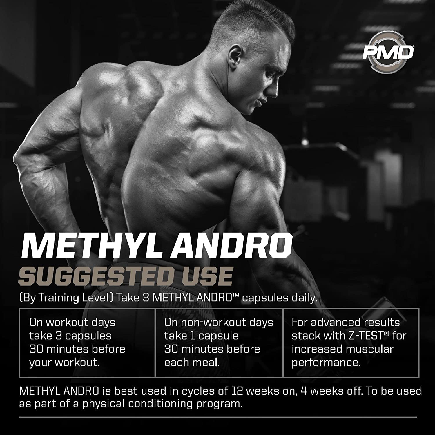 PMD Methyl Andro Hardcore studio workout scene emphasizes focus and endurance