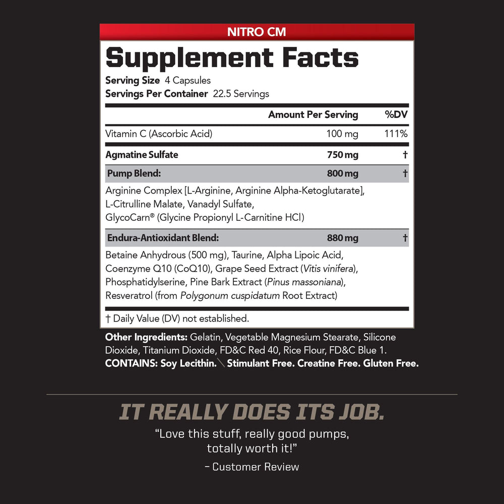 PMD Nitro CM bottle-back shows ingredients and usage guidance