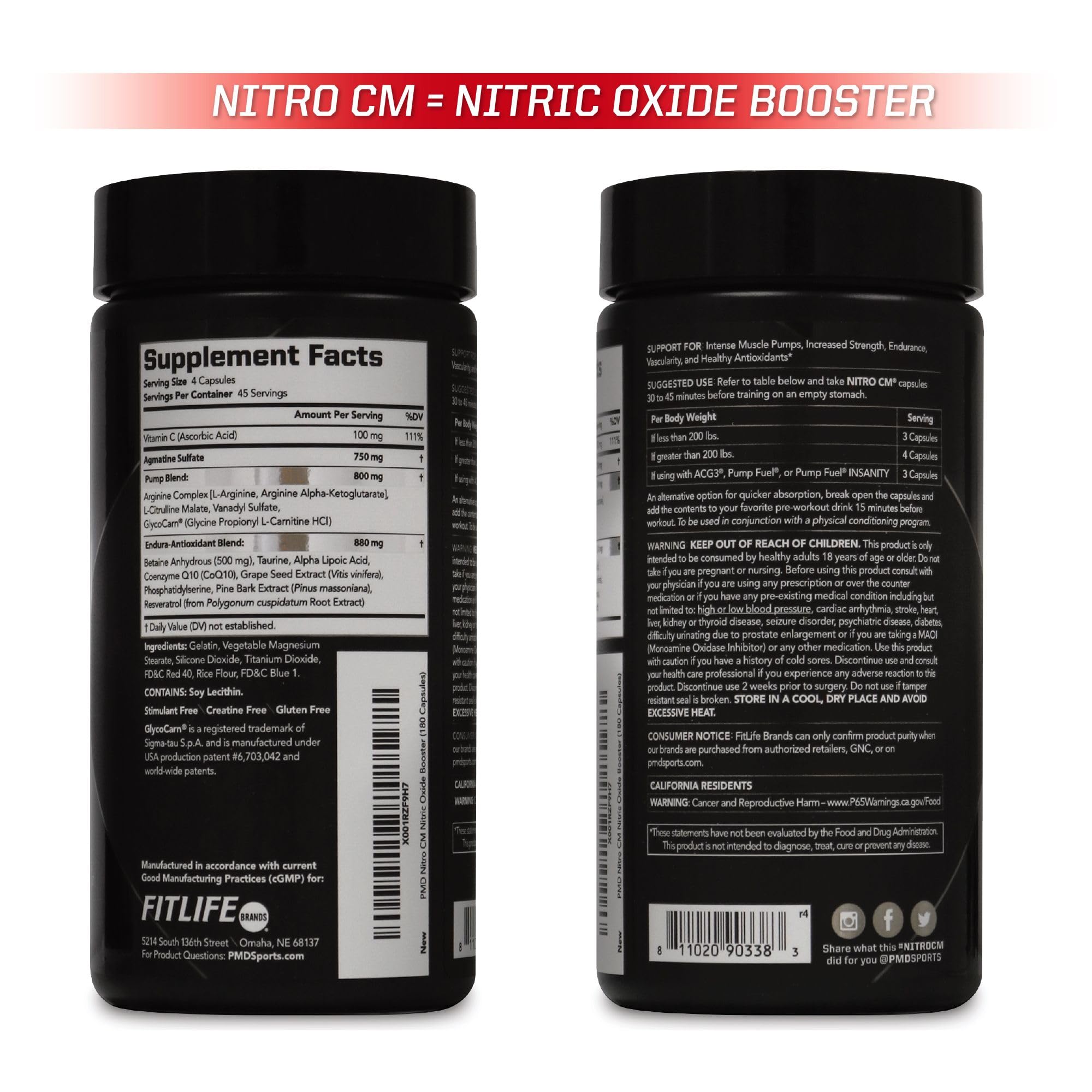 PMD Nitro CM bottle pictured with other supplements for stacking ideas.