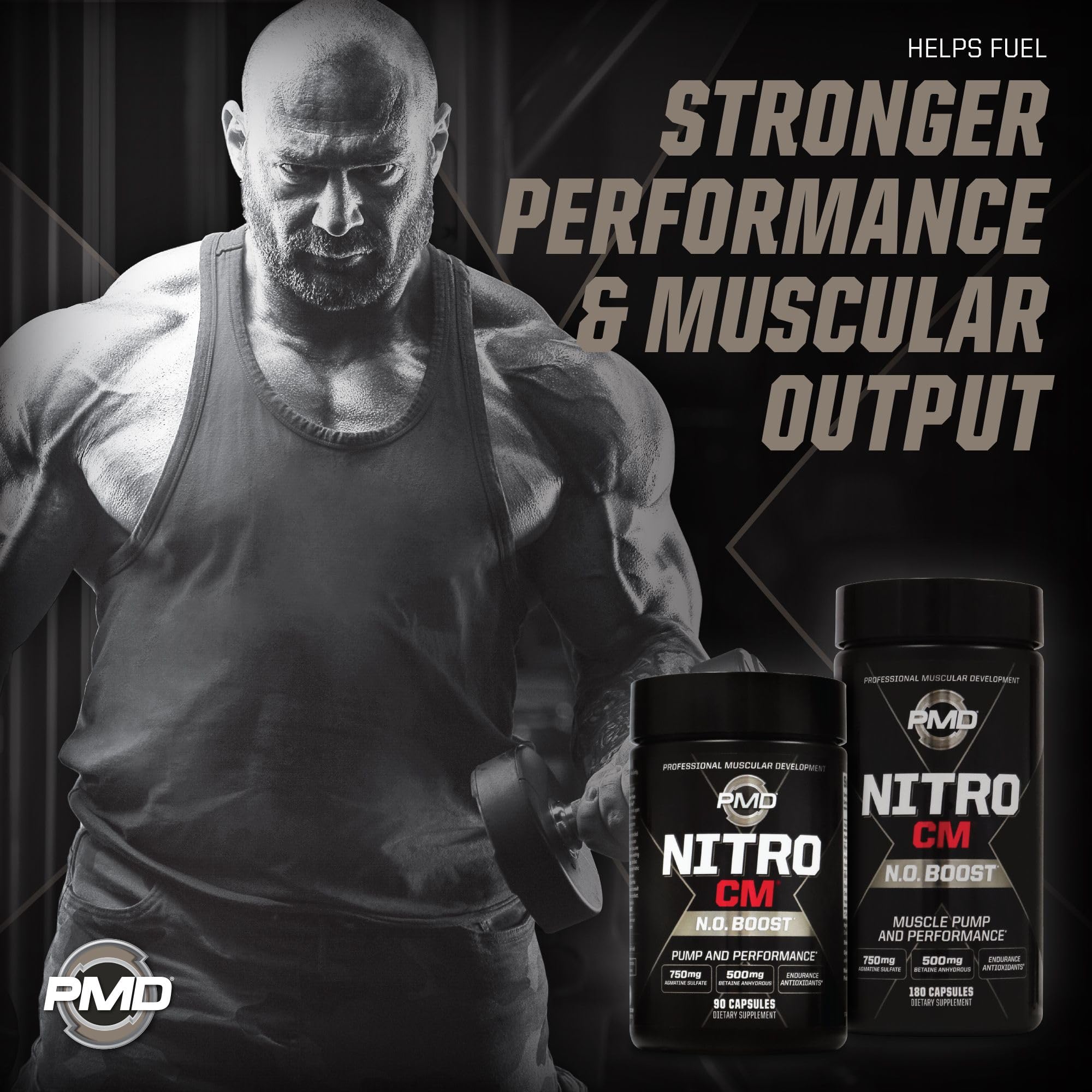 PMD Nitro CM ingredients graphic highlighting agmatine and citrulline for nitric oxide support.