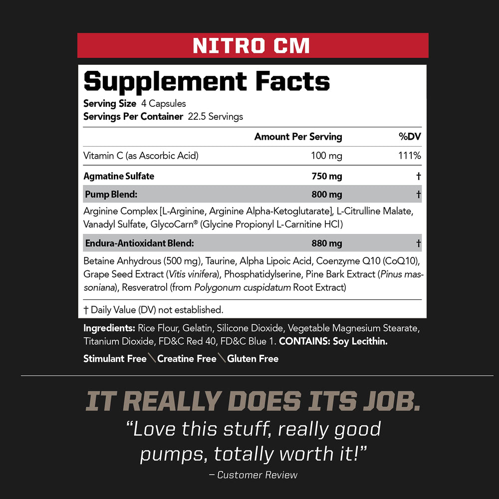 NitroCM jar highlighting rapid absorption for training sessions.