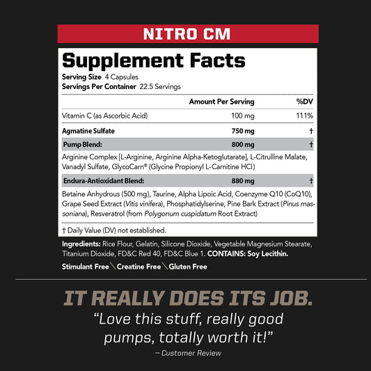 NitroCM jar highlighting rapid absorption for training sessions.