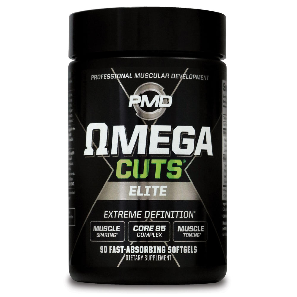 PMD Omega Cuts Elite bottle front showing stimulant-free fat loss option for focused goals