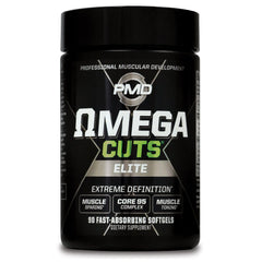 PMD Omega Cuts Elite bottle front showing stimulant-free fat loss option for focused goals