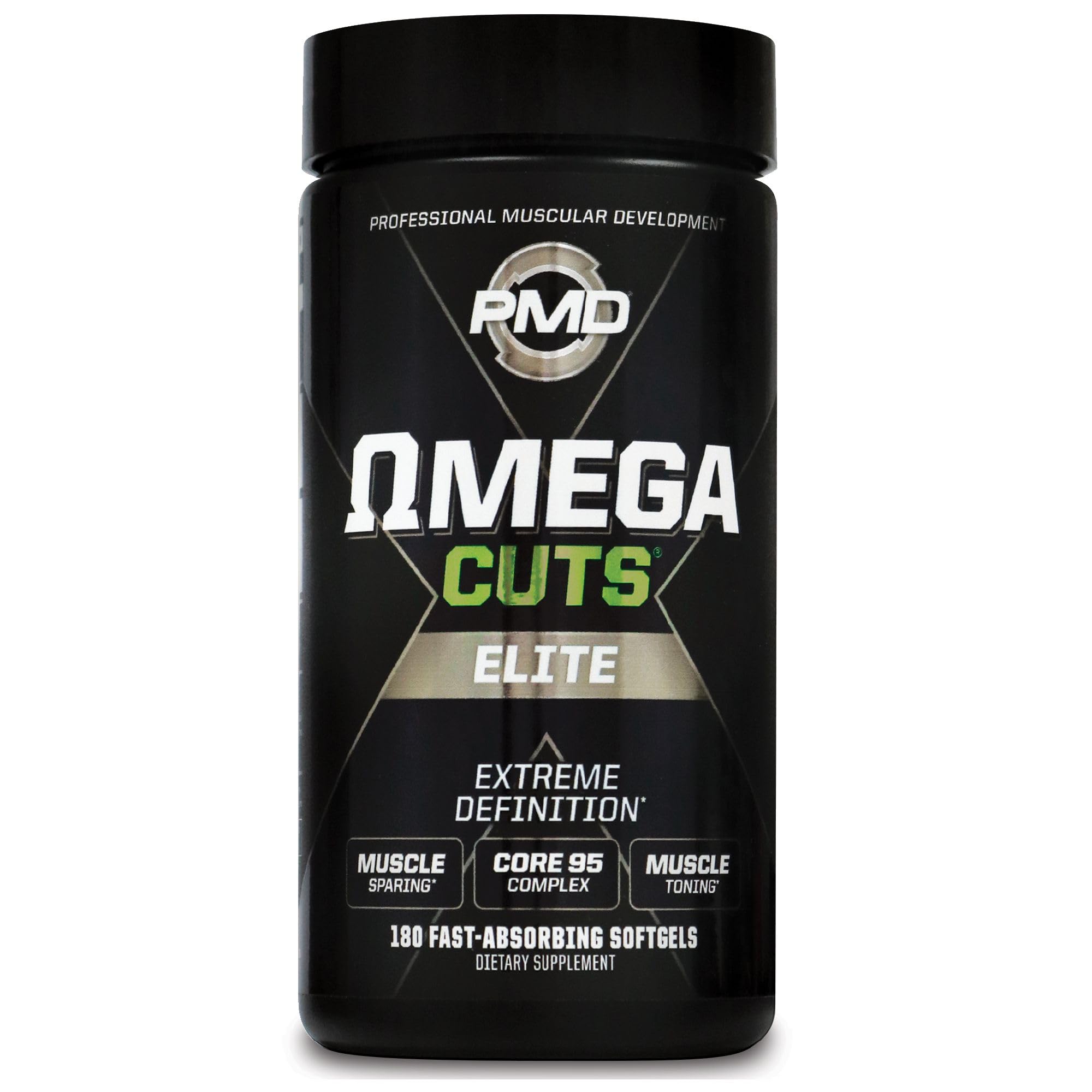 PMD Omega Cuts Elite bottle with softgels supports lean muscle during workouts.