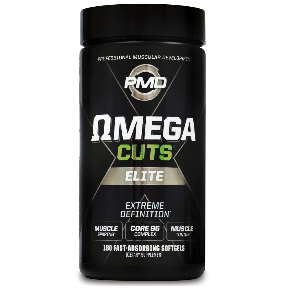PMD Omega Cuts Elite bottle with softgels supports lean muscle during workouts.