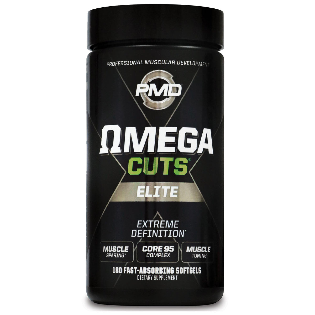 PMD Omega Cuts Elite bottle with softgels supports lean muscle during workouts.