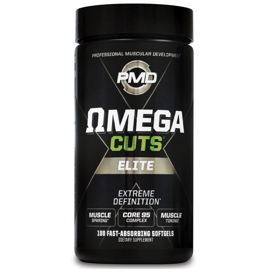 PMD Omega Cuts Elite bottle with softgels supports lean muscle during workouts.