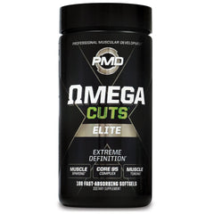 PMD Omega Cuts Elite bottle with softgels supports lean muscle during workouts.