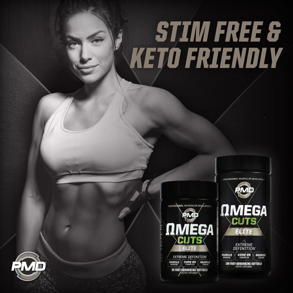 PMD Omega Cuts Elite bottle shows MCT blend for energy during training.