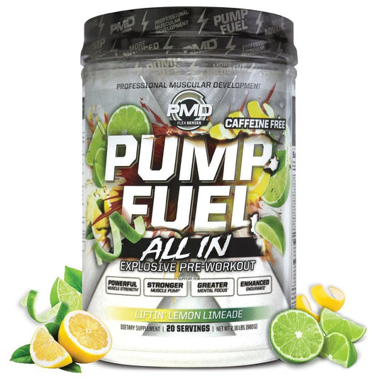 PMD Pump Fuel ALL IN tub front view highlighting a premium pre-workout for energy and focus