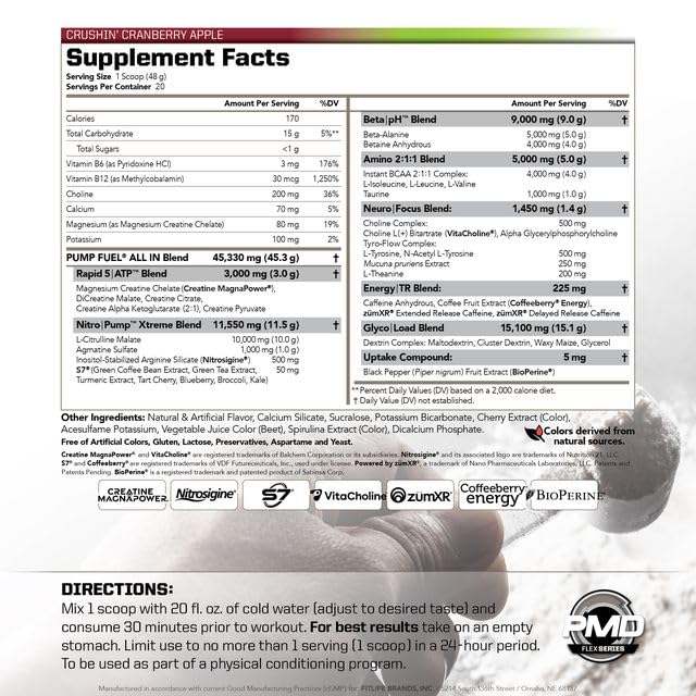 Scoop and jar of PMD Pump Fuel ALL IN showing premium ingredient blend.