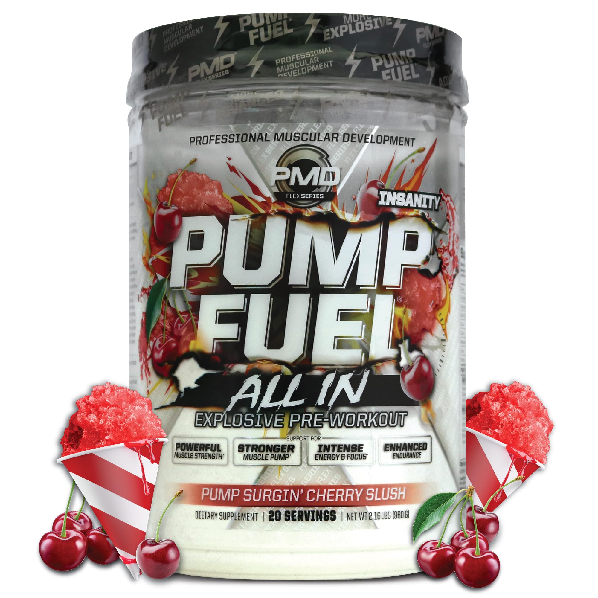 PMD Pump Fuel Insanity cherry slush bottle ready for intense workouts.