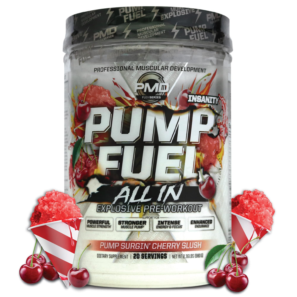 PMD Pump Fuel Insanity cherry slush bottle ready for intense workouts.