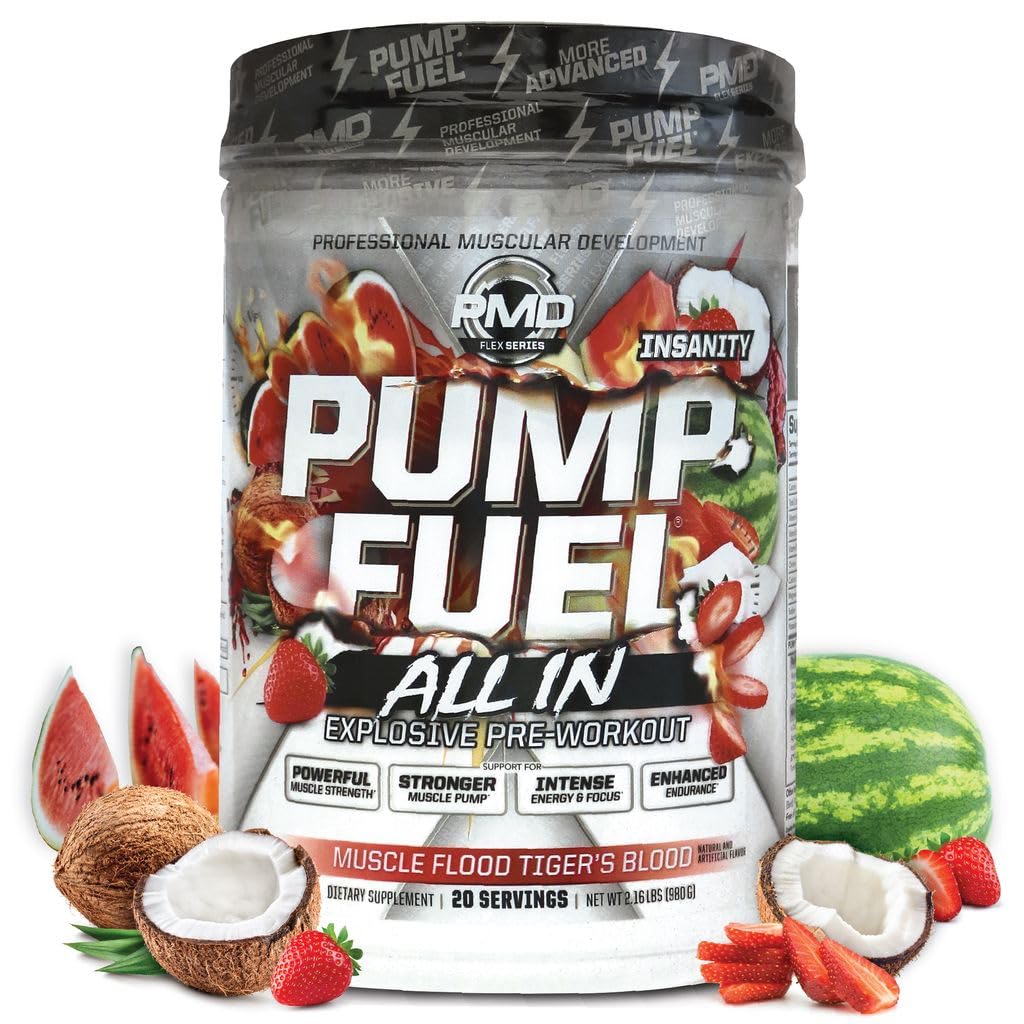 PMD Pump Fuel Insanity tiger’s blood powder tub with bold flavor and high-performance formula.