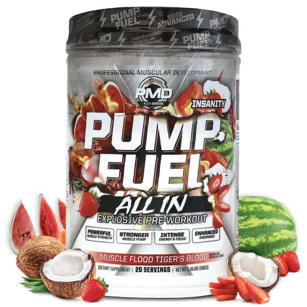 PMD Pump Fuel Insanity tiger’s blood powder tub with bold flavor and high-performance formula.