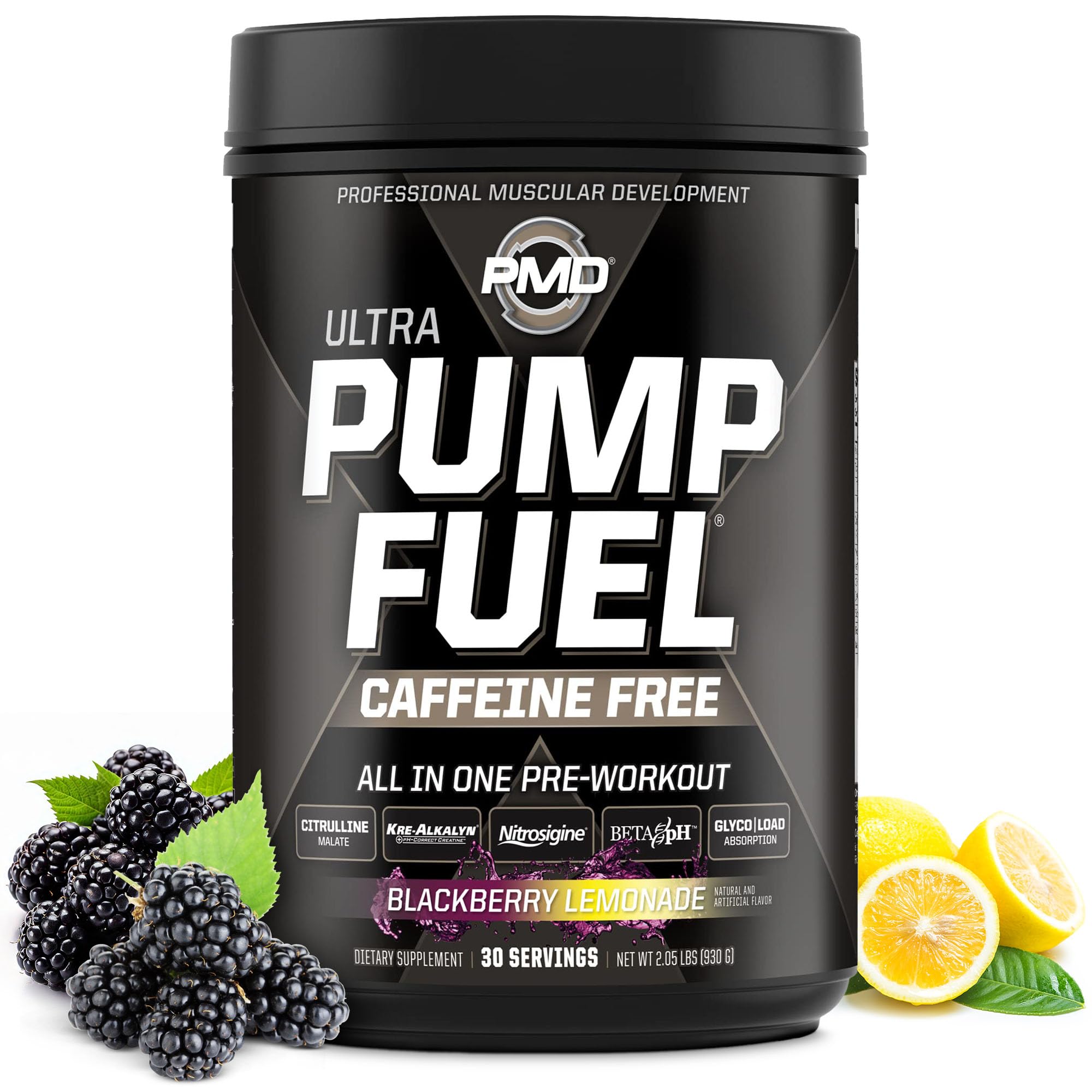 PMD Pump Fuel Ultra caffeine-free bottle label highlights premium pre-workout formula
