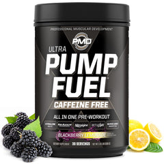 PMD Pump Fuel Ultra caffeine-free bottle label highlights premium pre-workout formula