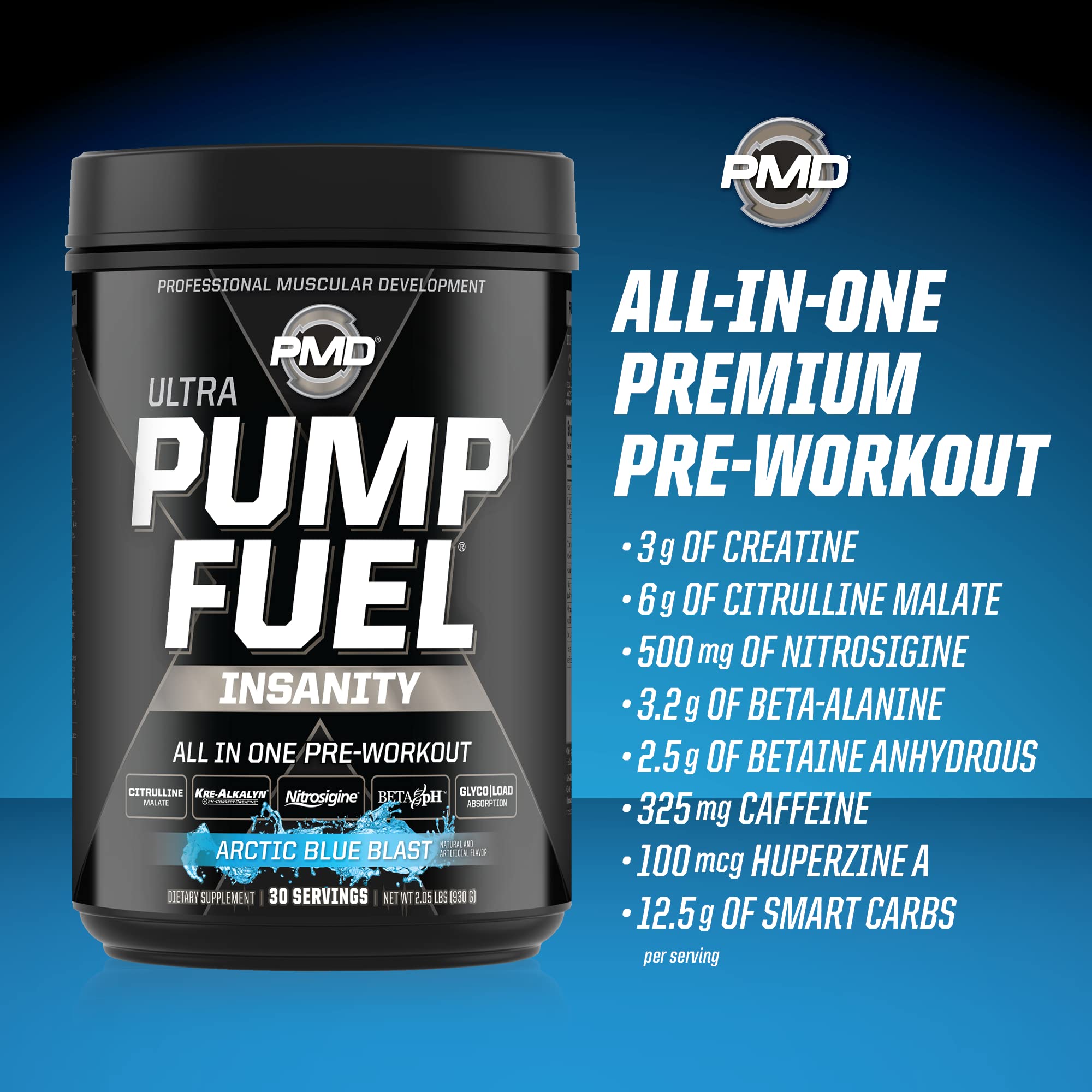 PMD Pump Fuel Ultra Insanity Arctic Blue Blast glass with prepared drink