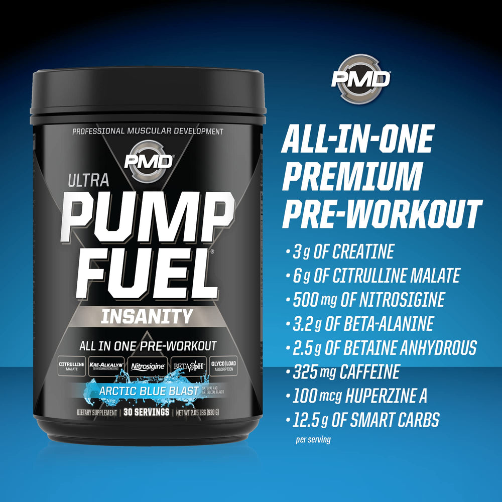 PMD Pump Fuel Ultra Insanity Arctic Blue Blast glass with prepared drink