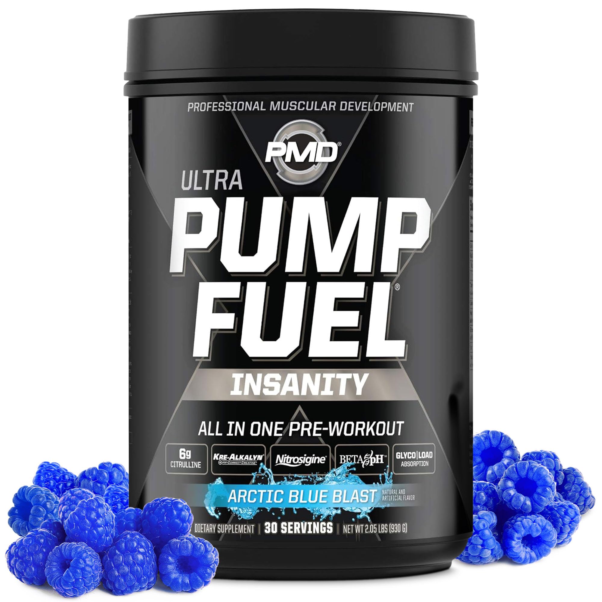 PMD Pump Fuel Ultra Insanity Arctic Blue Blast tub front view signaling energy for workouts