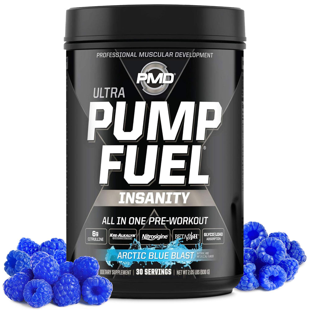 PMD Pump Fuel Ultra Insanity Arctic Blue Blast tub front view signaling energy for workouts