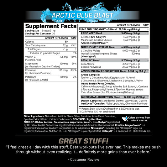 PMD Pump Fuel Ultra Insanity Arctic Blue Blast tub side view showing label clarity
